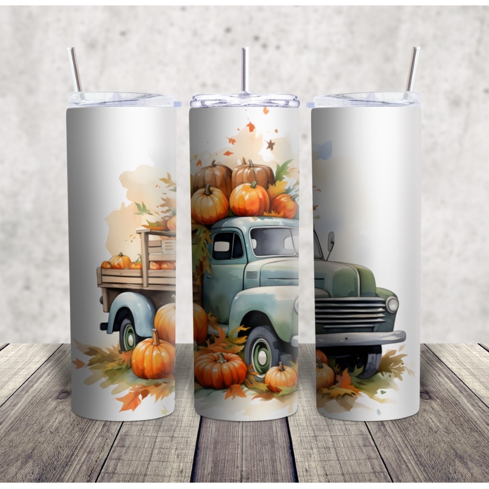 Hand Crafted Autumn Truck Tumbler with Pumpkins